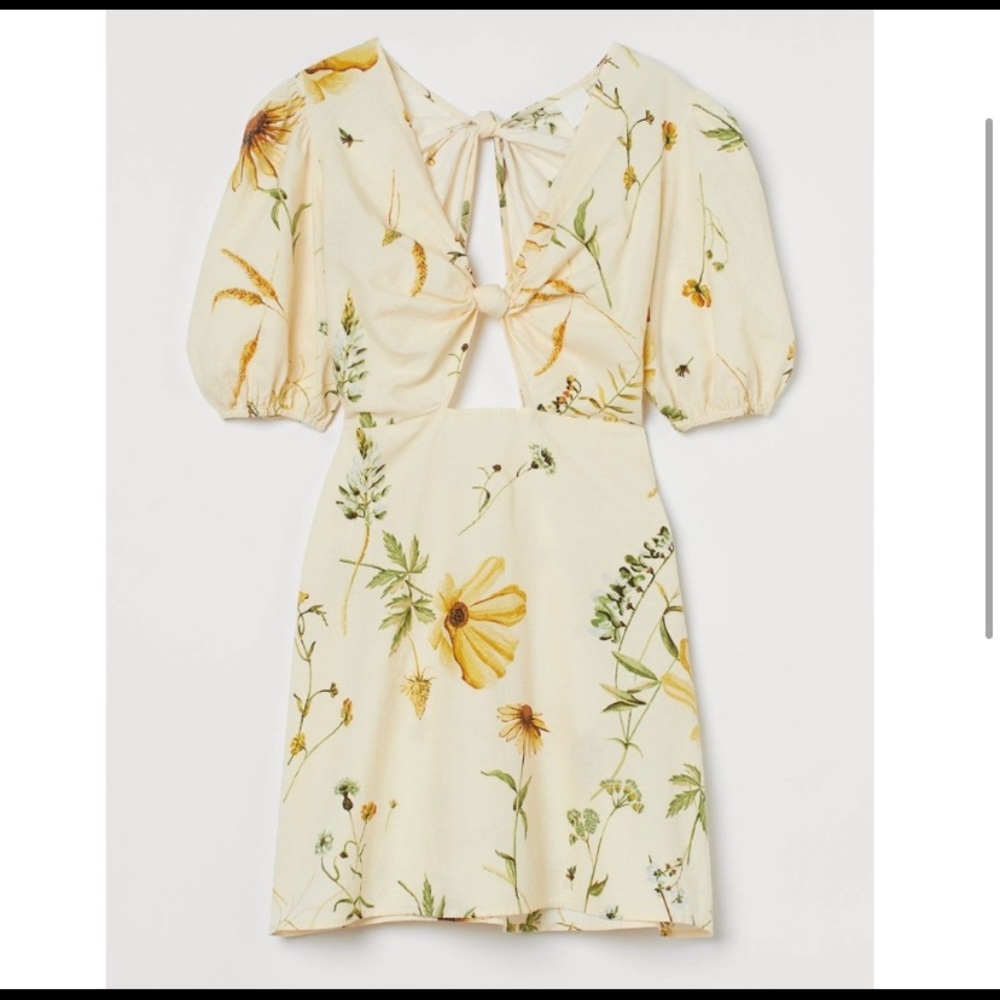 H&M linen blend yellow cut out dress size small